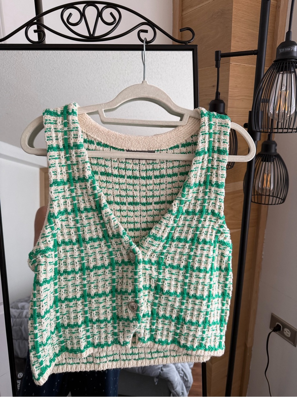 Anthropologie Green and Cream Tweed-Style Button Crop Tank